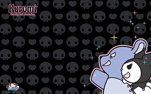 Kuromi and My Melody in Blue Hoodie on Black Skull Pattern Background HD wallpaper
