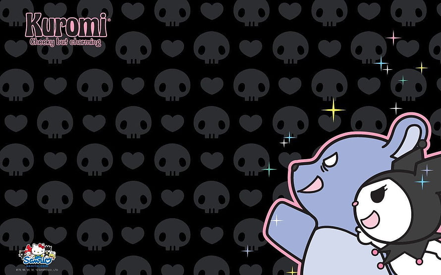 Kuromi and My Melody in Blue Hoodie on Black Skull Pattern Background HD wallpaper