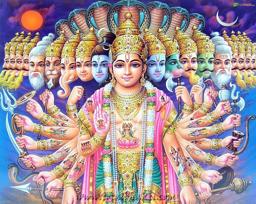 Lord Vishnu with Multiple Avatars and Arms in Traditional Indian Art HD wallpaper