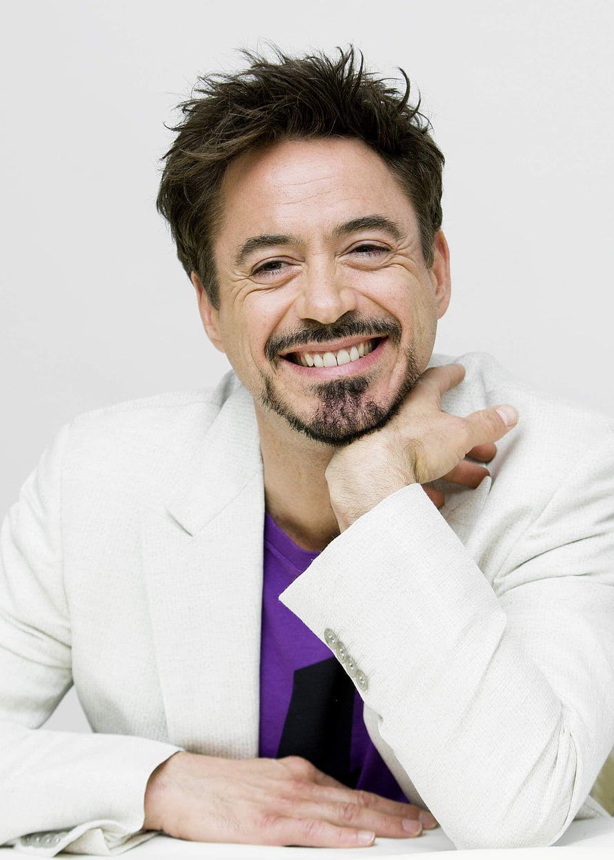 Robert Downey Jr smiling portrait in white blazer and purple shirt HD phone wallpaper