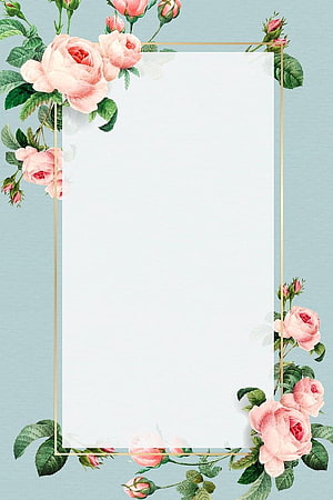 Elegant Pink Rose Floral Frame with Gold Border on Soft Blue Background HD phone wallpaper