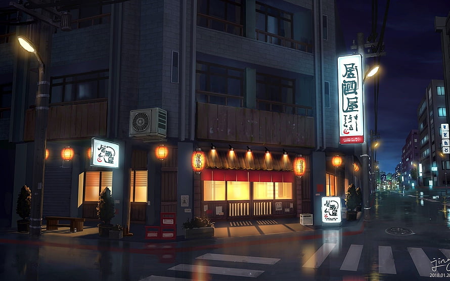 Illuminated Japanese Izakaya on a Rainy Night Street in Anime Style HD wallpaper