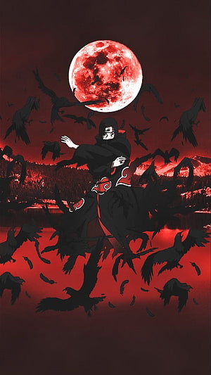 Itachi Uchiha in Akatsuki cloak under a blood moon surrounded by crows HD phone wallpaper