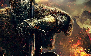Armored Knight in Fur Cloak Holding Sword Amidst Battle Embers and Fire HD wallpaper