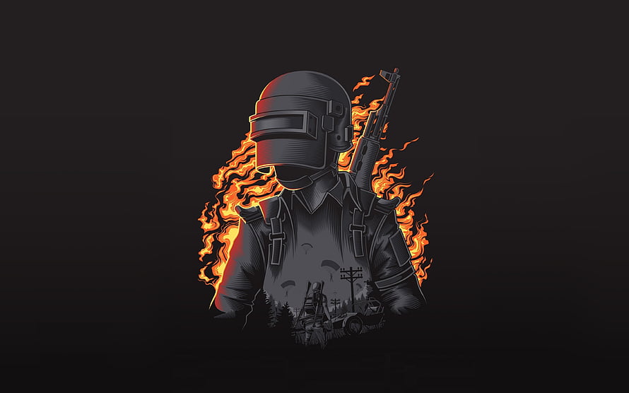 PUBG Mobile Soldier with Helmet and Rifle Surrounded by Flames HD wallpaper