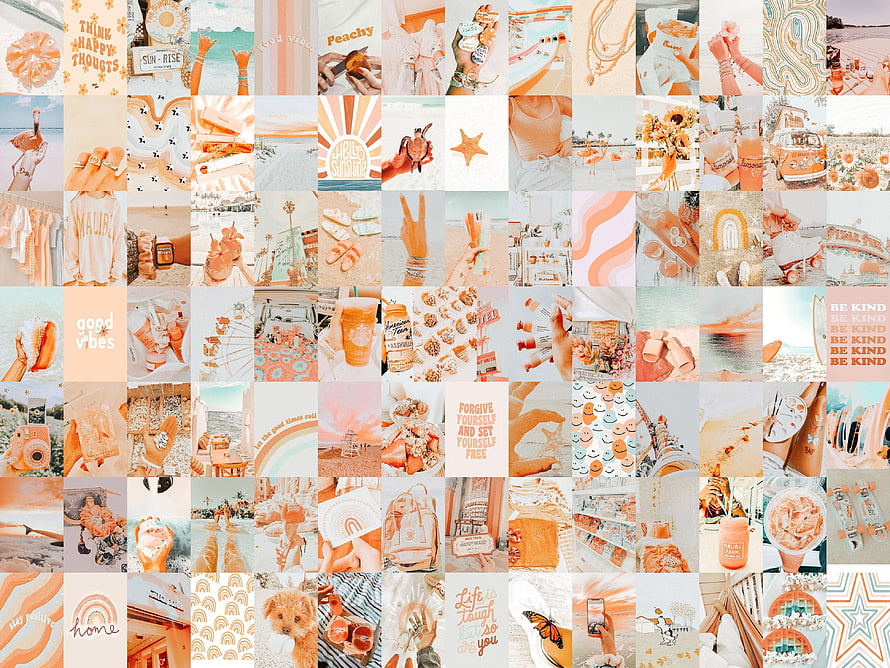 Peach Aesthetic Wall Collage Grid Featuring Beach Vibes, Preppy Style, and Positive Affirmations HD wallpaper