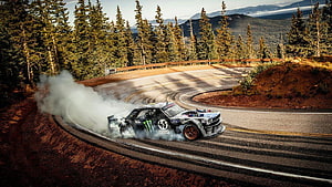 Ken Block Ford Mustang Rally Car Drifting on Mountain Road HD wallpaper