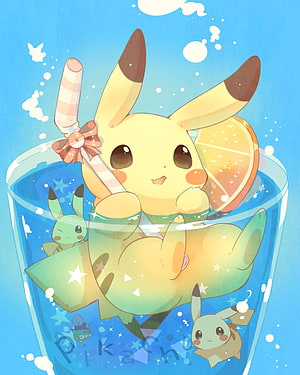 Cute Pikachu Swimming in a Blue Drink with Straw and Orange Slice HD phone wallpaper