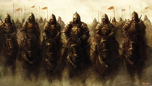Tim Moore Concept Art of Armored Cavalry Charging Through Dust and Mist HD wallpaper
