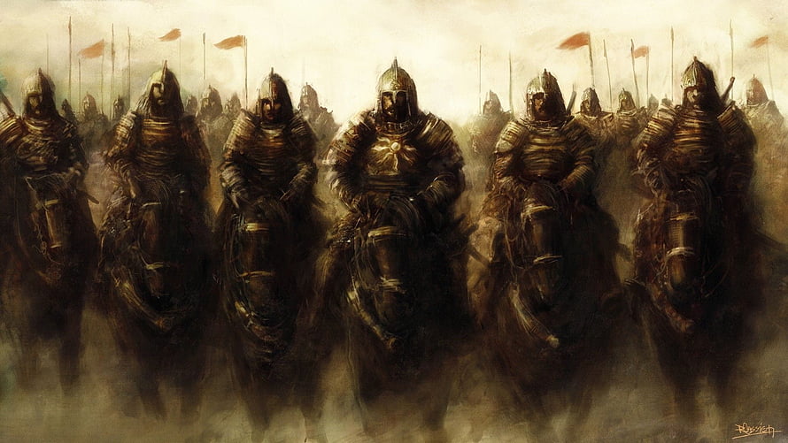 Tim Moore Concept Art of Armored Cavalry Charging Through Dust and Mist HD wallpaper