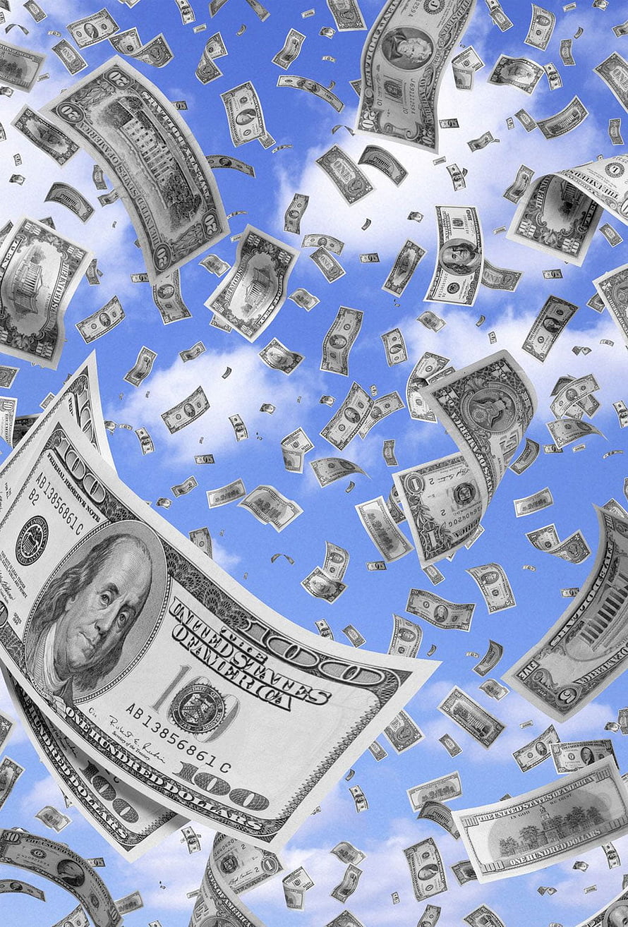 US Dollar Bills Raining Down Against a Bright Blue Sky HD phone wallpaper