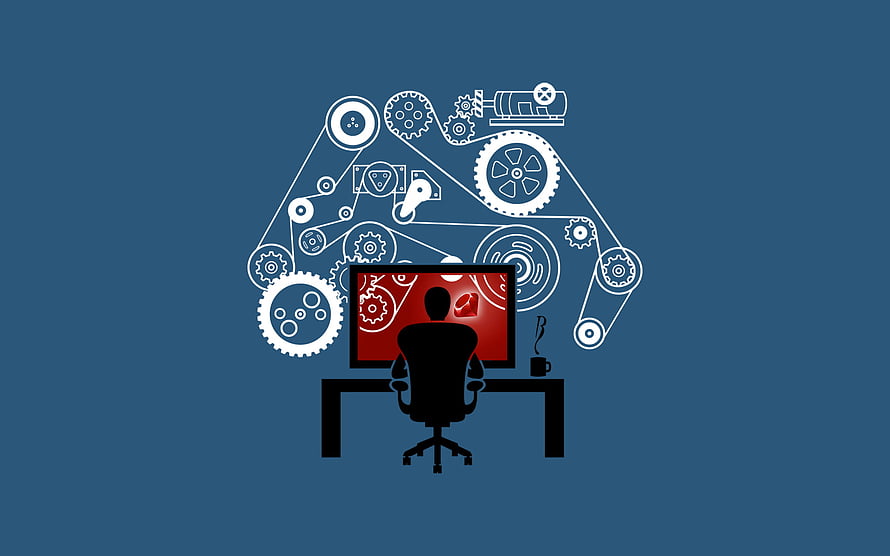 Software Engineering Concept with Gears and Developer at Computer HD wallpaper