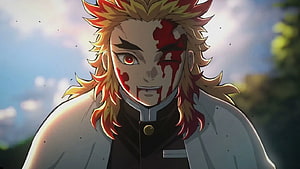Rengoku Kyojuro from Demon Slayer Anime with Blood on Face and Determined Expression HD wallpaper