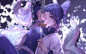 Shinobu Kocho from Demon Slayer Holding Katana Amidst Swirling White Butterflies HD wallpaper