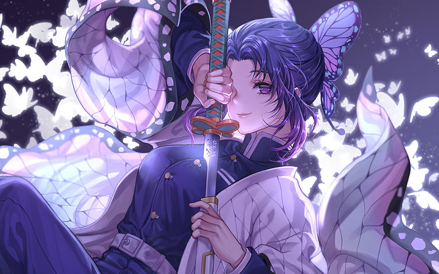 Shinobu Kocho from Demon Slayer Holding Katana Amidst Swirling White Butterflies HD wallpaper