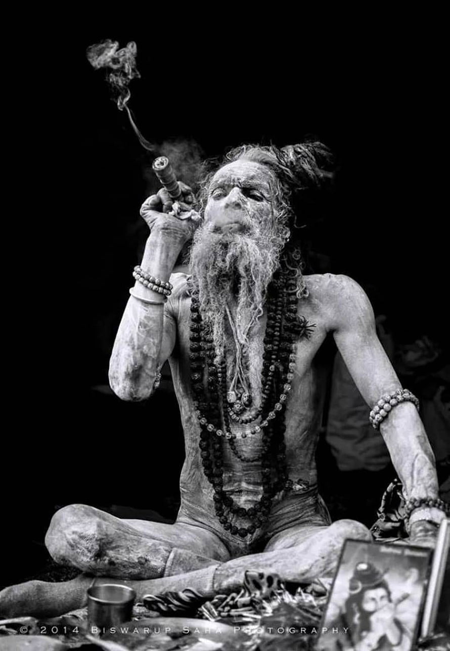 Aghori Sadhu Smoking Hookah in Black and White Portrait HD phone wallpaper