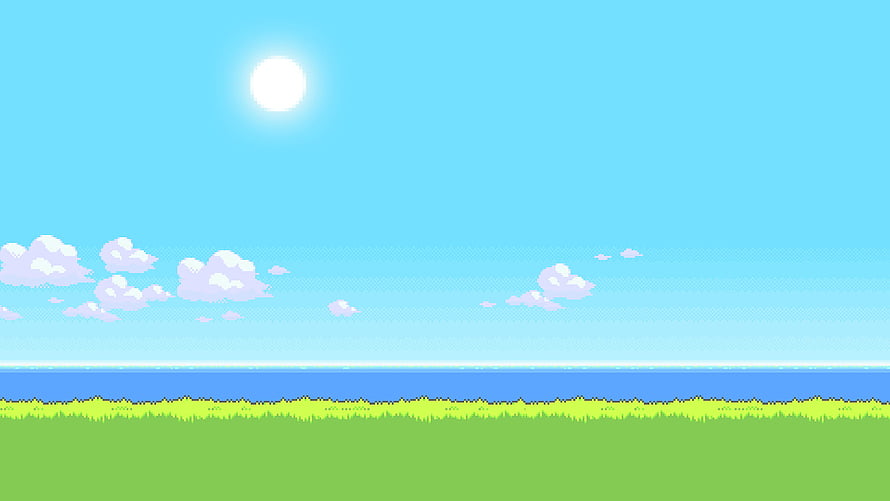 Pixel Art Summer Landscape With Blue Sky, White Clouds, And Green Grass Field HD wallpaper