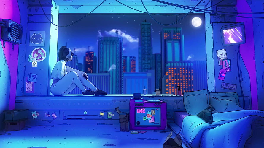 Lofi Girl Sitting on Windowsill Gazing at Neon City Skyline at Night HD wallpaper