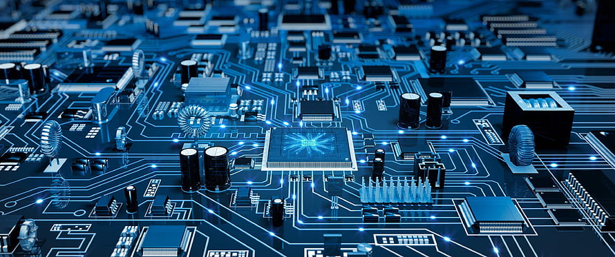 Glowing Blue Microchip on a Complex Electronic Circuit Board with Luminous Traces HD wallpaper