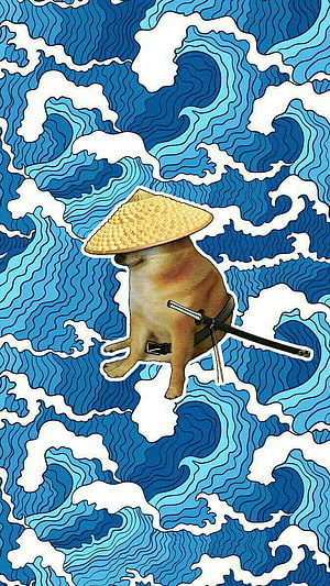 Doge Samurai Meme Dog Wearing Straw Hat and Katana Against Blue Wave Pattern HD phone wallpaper