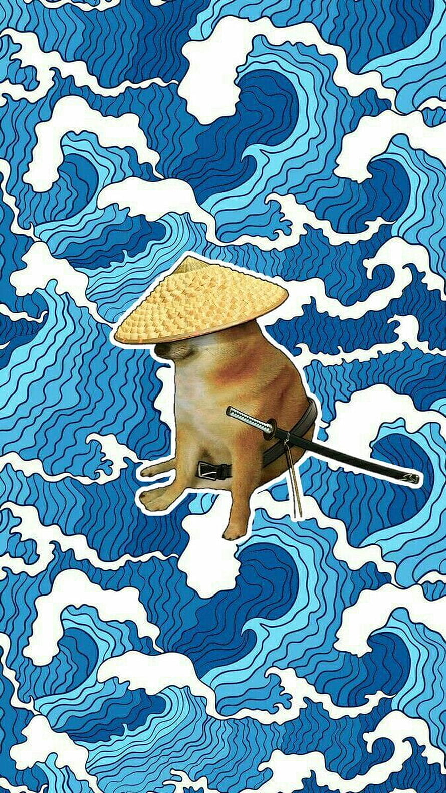 Doge Samurai Meme Dog Wearing Straw Hat and Katana Against Blue Wave Pattern HD phone wallpaper
