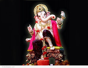 Ganesha Murti Seated on Ornate Pedestal with Gold Jewelry and Red Drape HD wallpaper