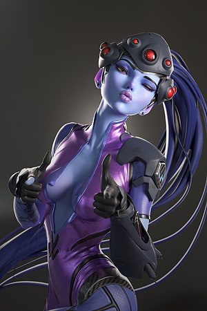 Widowmaker from Overwatch in a purple tactical suit with a red-lensed visor and long blue hair HD phone wallpaper
