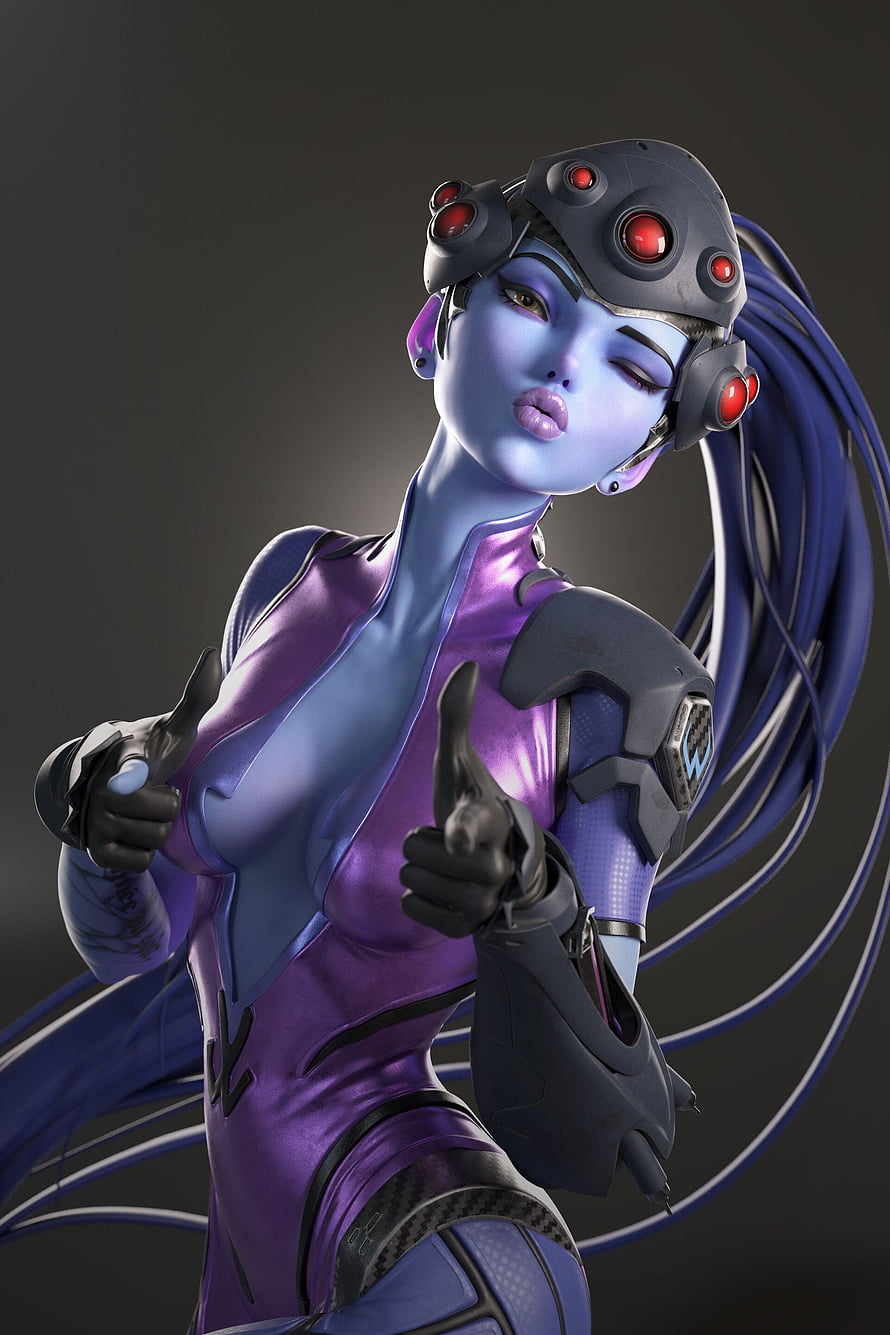 Widowmaker from Overwatch in a purple tactical suit with a red-lensed visor and long blue hair HD phone wallpaper
