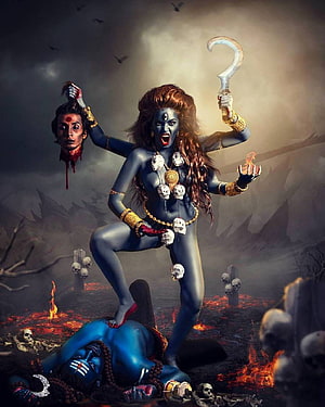 Fierce Blue Goddess Kali Wielding Sword and Severed Head in Fiery Landscape HD phone wallpaper