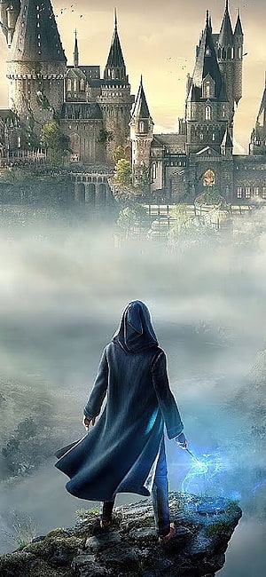 Hooded Wizard Gazing at Hogwarts Castle in Misty Fantasy Landscape HD phone wallpaper