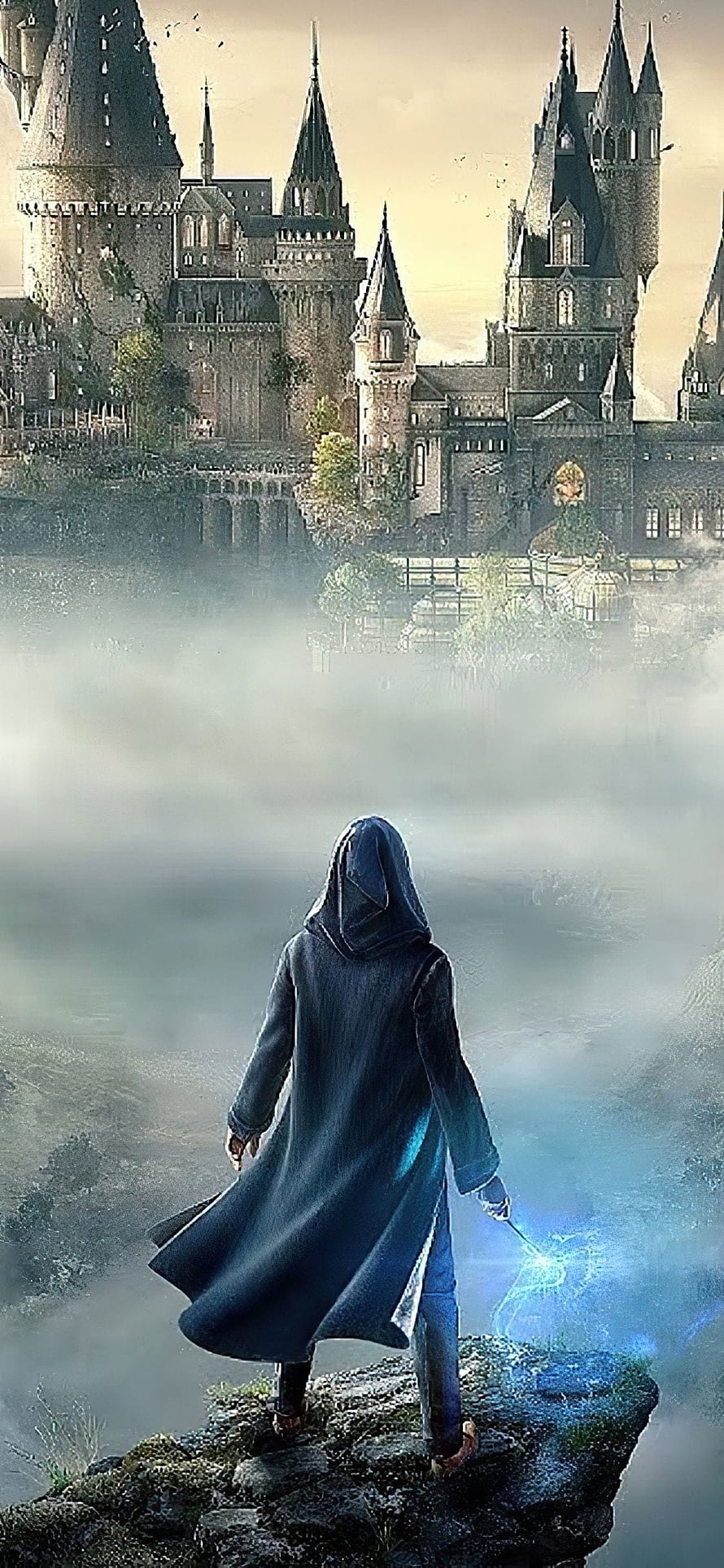 Hooded Wizard Gazing at Hogwarts Castle in Misty Fantasy Landscape HD phone wallpaper