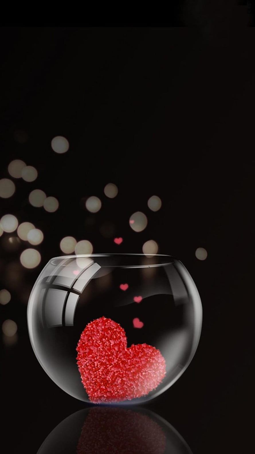 Red Glitter Heart Inside Glass Bowl With Bokeh Lights HD phone wallpaper