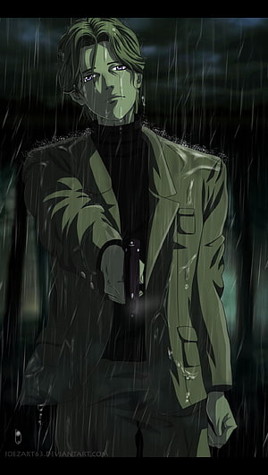 Anime Character in Green Suit Holding Knife in Rainy Night Scene HD phone wallpaper