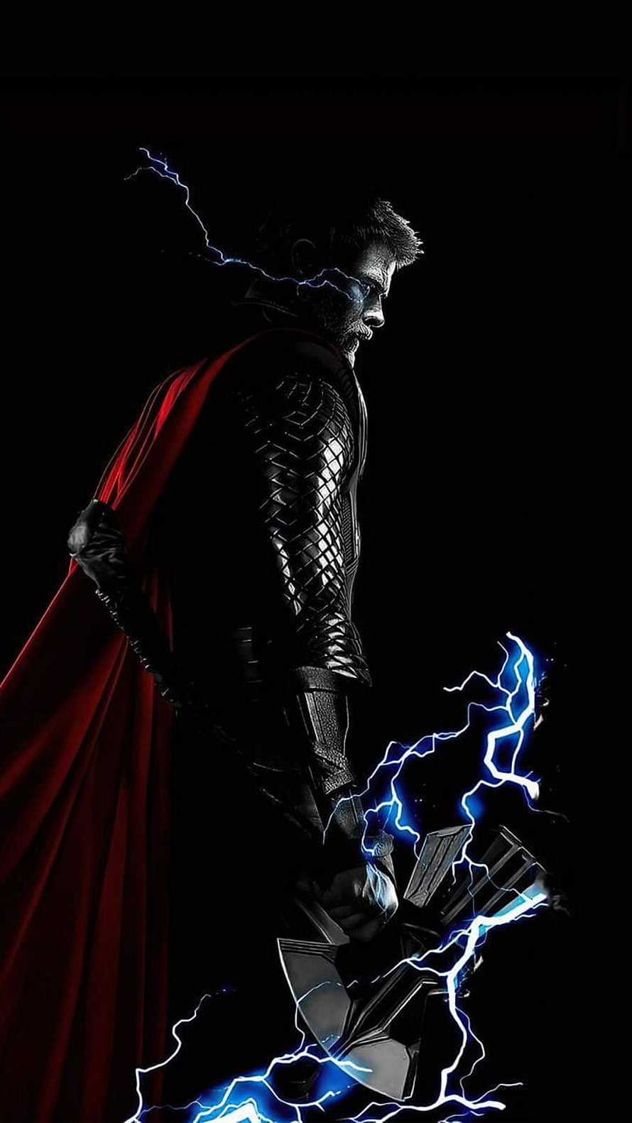 Thor Holding Mjolnir with Blue Lightning and Red Cape in Dark Cinematic Style HD phone wallpaper