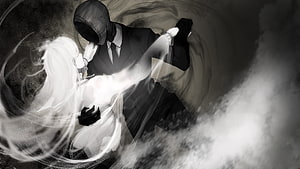 Library of Ruina Hooded Figure and White-Haired Character in Dramatic Black and White Embrace HD wallpaper