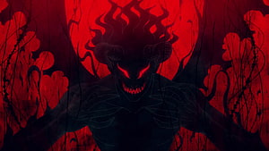 Menacing Dark Demon With Glowing Red Eyes And Horns Against Crimson Background HD wallpaper