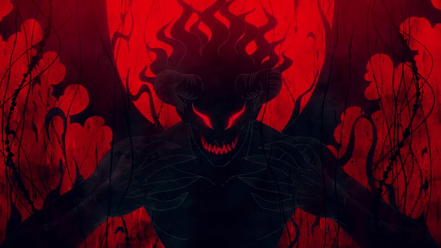 Menacing Dark Demon With Glowing Red Eyes And Horns Against Crimson Background HD wallpaper
