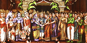 Vibrant Hindu Mythology Painting Depicting Divine Wedding Ceremony with Gods and Goddesses HD wallpaper
