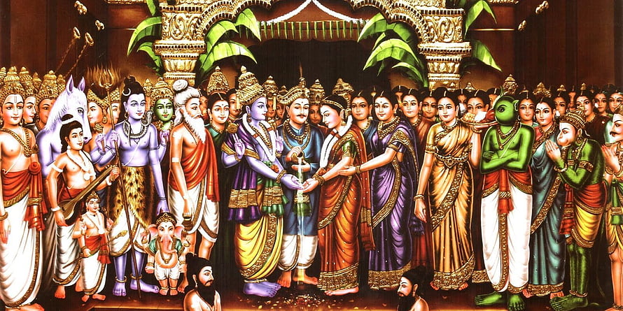 Vibrant Hindu Mythology Painting Depicting Divine Wedding Ceremony with Gods and Goddesses HD wallpaper