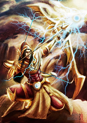 Karna from Mahabharata wielding a lightning-charged bow in golden armor HD phone wallpaper