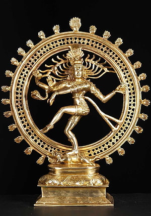 Golden Brass Nataraja Statue with Intricate Flame Ring and Ornate Pedestal HD phone wallpaper
