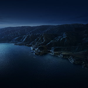 Dark Coastal Mountain Landscape at Night with Winding Road and Starry Sky HD phone wallpaper