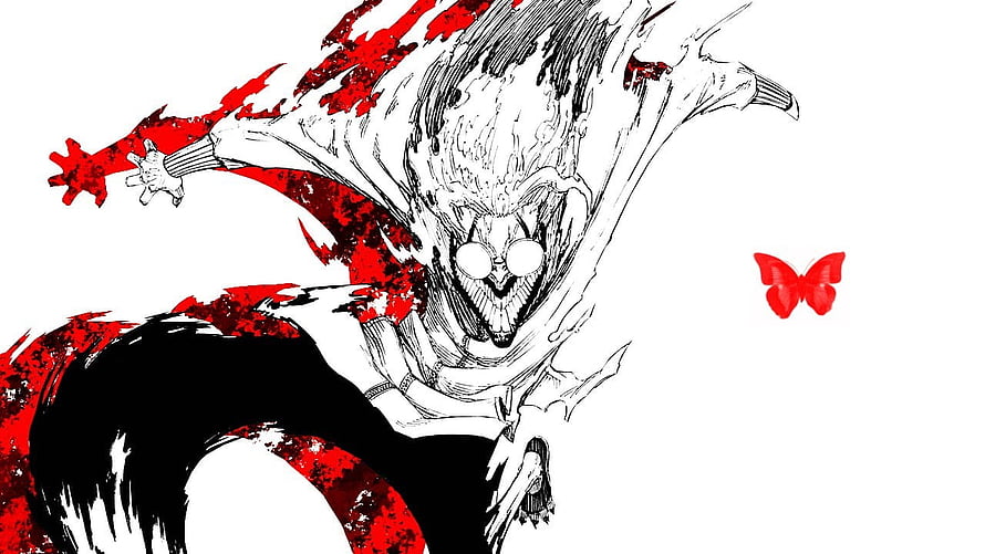Dandadan manga character in dynamic action pose with red ink splatter and butterfly accent HD wallpaper