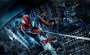 Spider-Man Swinging Through a Glowing Nighttime Cityscape in Cinematic Action, Spiderman, spider man for pc HD wallpaper