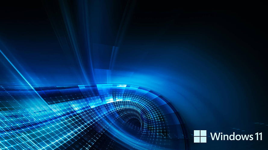 Windows 11 Blue Digital Tunnel with Glowing Grid and Light Streaks HD wallpaper