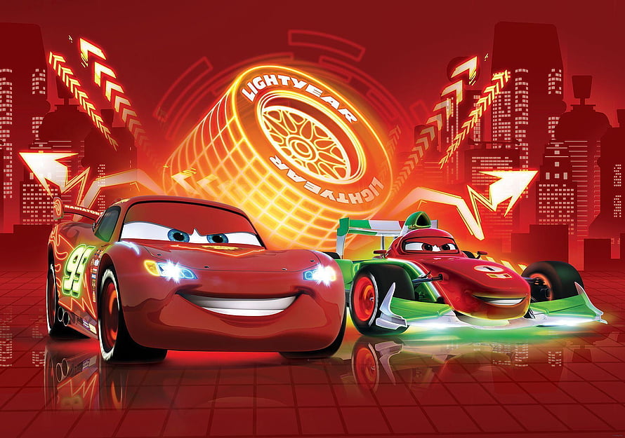 Lightning McQueen and Francesco Bernoulli in a Neon Red Racing Scene from Disney Pixar Cars HD wallpaper