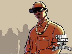 CJ from Grand Theft Auto San Andreas in a stylized comic illustration wearing a cap and gold chain HD wallpaper