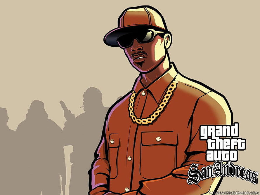 CJ from Grand Theft Auto San Andreas in a stylized comic illustration wearing a cap and gold chain HD wallpaper