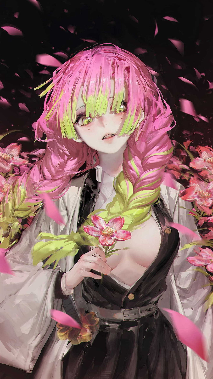 Mitsuri Kanroji Anime Character with Pink Hair and Flowers HD phone wallpaper