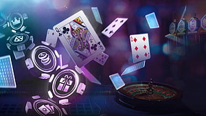 Digital Casino Scene With Floating Playing Cards, Glowing Chips, and Roulette Wheel HD wallpaper
